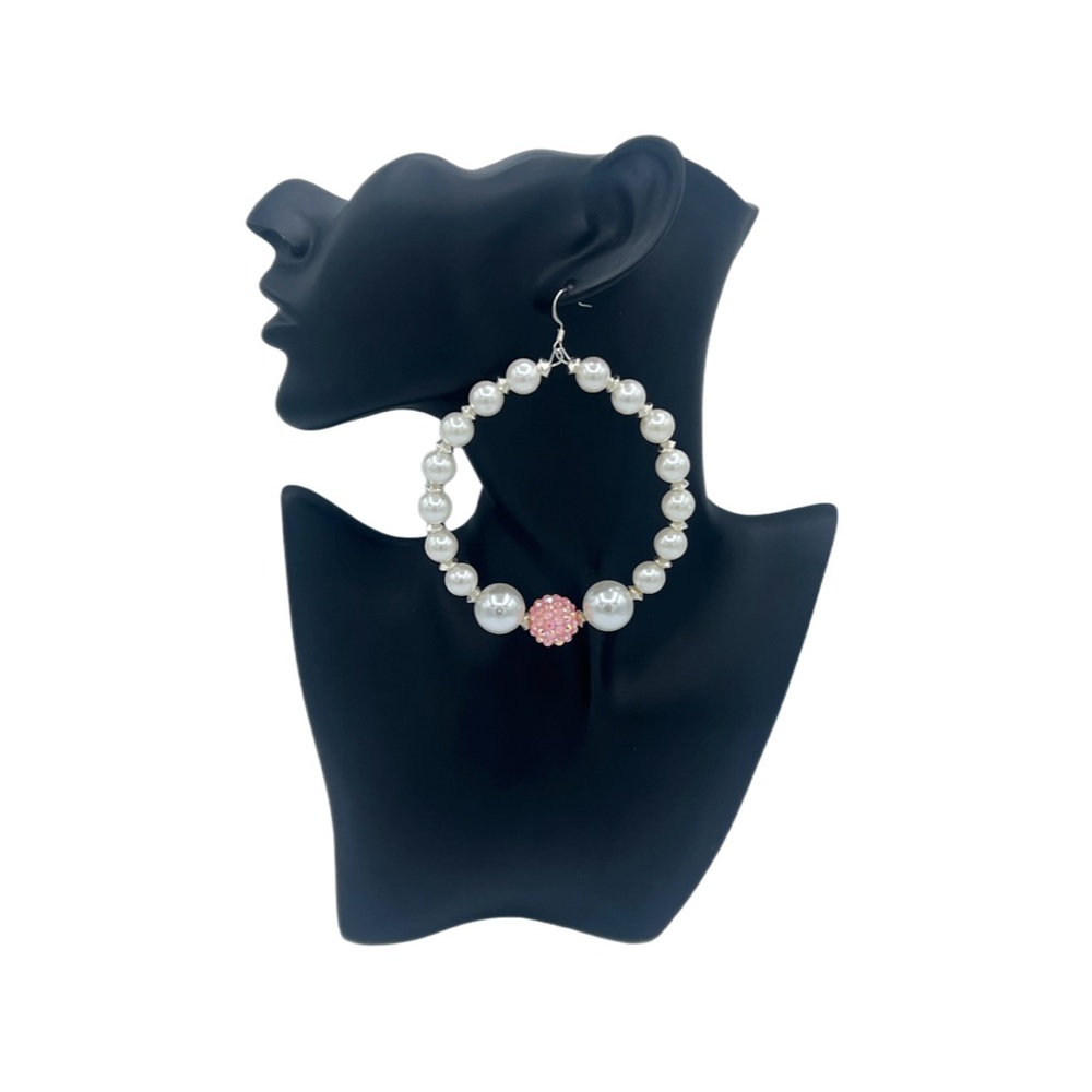 (New) Pearl Jumbo Hoops W/Pink Crystal Accent (Glammy)